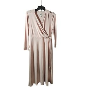 Anne‎ Klein Womens Blush Pink Wrap Midi Dress Long Sleeve Collared Size 8